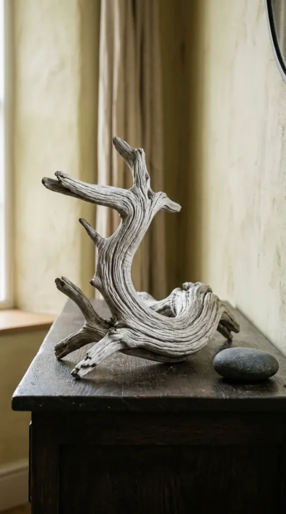 12 Neutral Fall Decor Ideas for an Entryway Console in Organic Style 6 6. The Driftwood Sculptural Accent