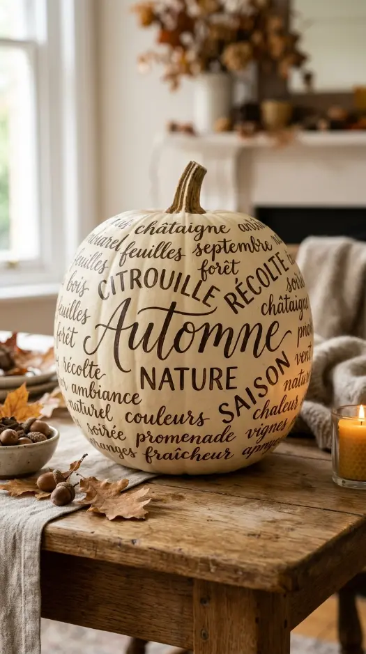 12 DIY Fall Home Decor Projects: Painted Pumpkin Collection 6 6. The French Script Hand-Lettered Design