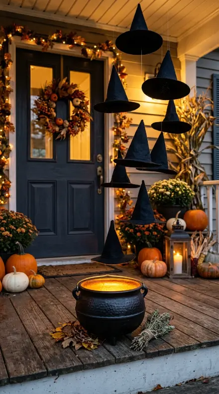 12 Easy Halloween Entryway Decor Witchy Floating Hats Style 6 6. The Glowing Cauldron Entry Accent