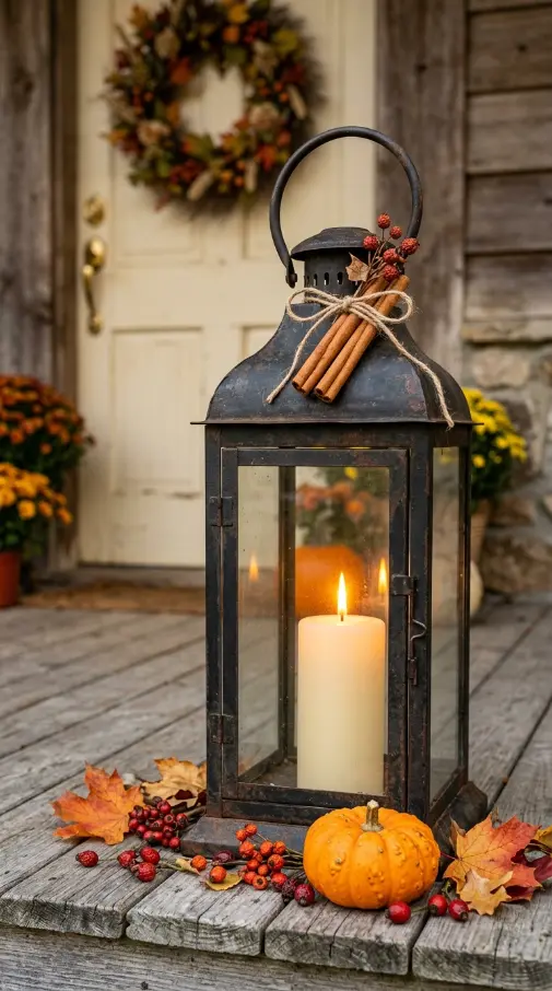 13 Rustic Fall Decorating Front Porch and Entryway Style 6 6. The Iron Lantern with Candle Fall Styling