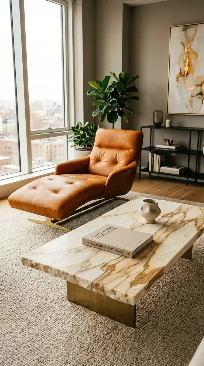 24 Chaise Lounge Modern Leather Statement Living Room 6 6. The Leather Chaise and Marble Coffee Table Pairing