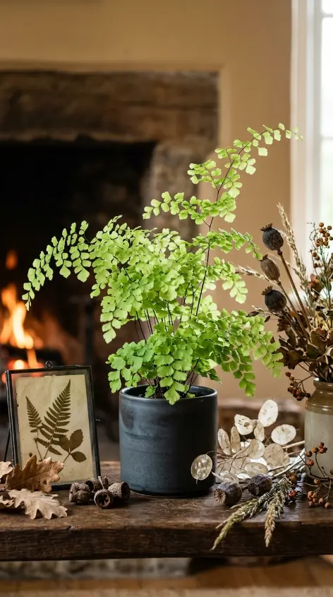 15 Fall Mantel Decor Ideas for a Botanical Nature Inspired Look 6 6. The Living Fern in Dark Ceramic
