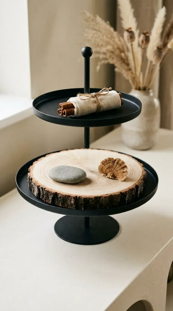 13 Neutral Fall Decor Ideas for Tiered Tray Vignette Style 6 6. The Natural Wood Slice and Bark Tier
