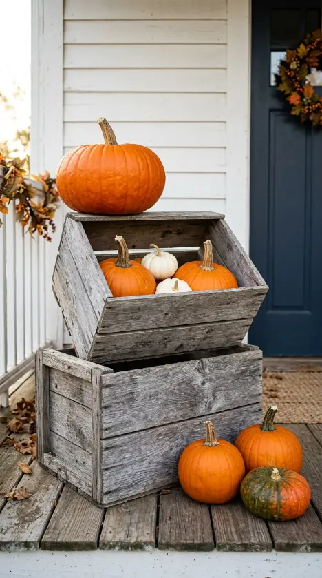 13 Outdoor Halloween Display Farmhouse Harvest Porch Style 6 6. The Weathered Wood Crate Pumpkin Stack