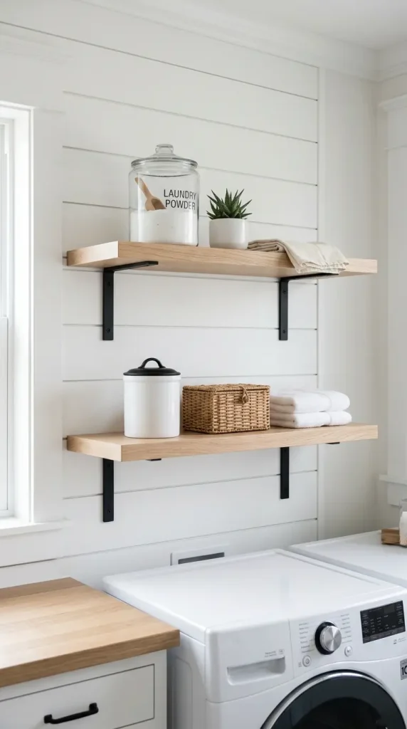 15 Laundry Room Designs Modern Farmhouse Shiplap and Warm Wood 6 6. The White Oak Floating Shelves