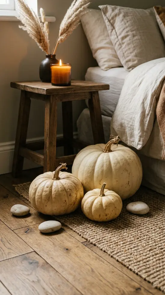 15 Small Space Fall Decorating Ideas Bedroom Corner Style 6 6. Three Floor-Level Cream Pumpkins in the Corner