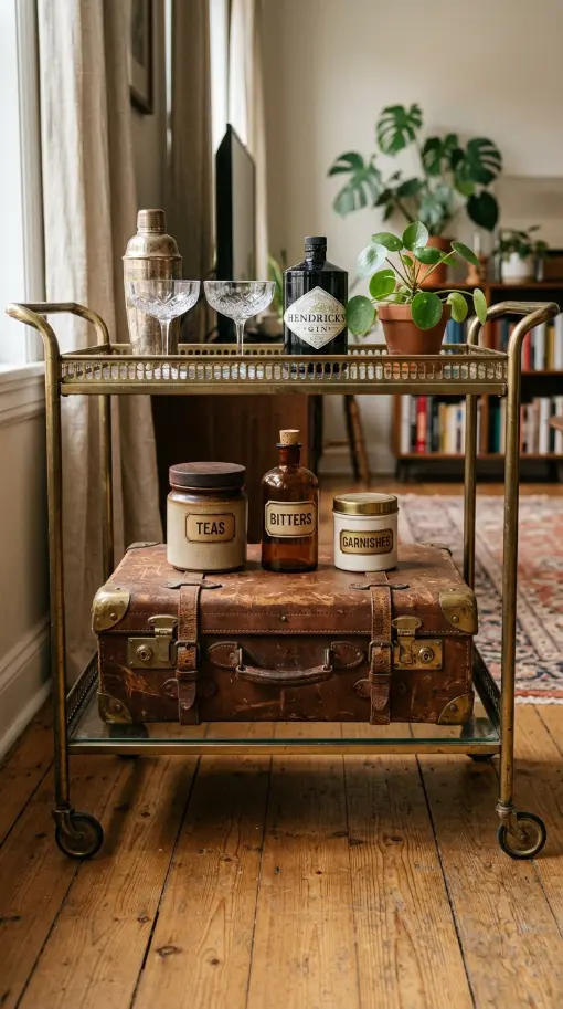 17 Small Space Eclectic Coffee Corner Ideas for Renters 6 6. Vintage Suitcase Repurposed as a Cart Top Base