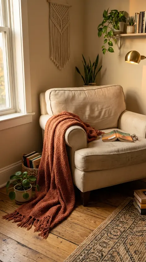 13 Golden Hour Bedroom Aesthetic Evening Ritual Corner Ideas 6 6. Woven Throw Draped Over a Reading Chair