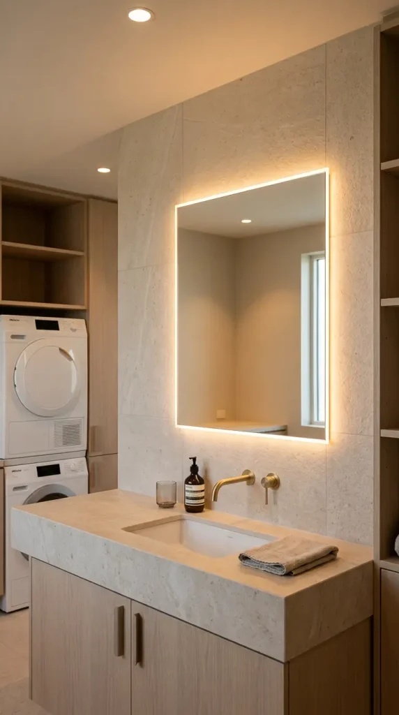 16 Laundry Room Bathroom Combo Maximized Built-In Minimal 7 7. A Backlit Frameless Mirror Above the Vanity
