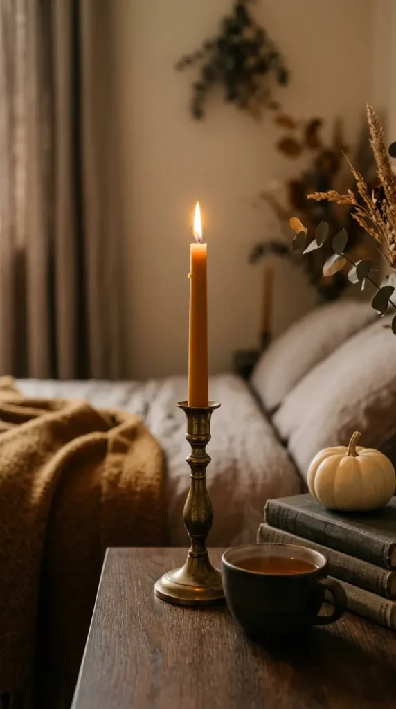 15 Small Space Fall Decorating Ideas Bedroom Corner Style 7 7. A Beeswax Taper in an Aged Brass Holder on the Bedside