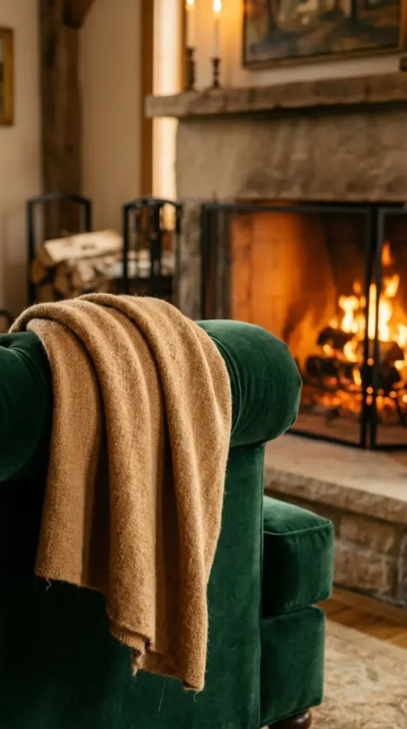 11 Cozy Reading Corners Fireplace Green Sofa Cinematic 7 7. A Camel Wool Throw Draped Over the Arm