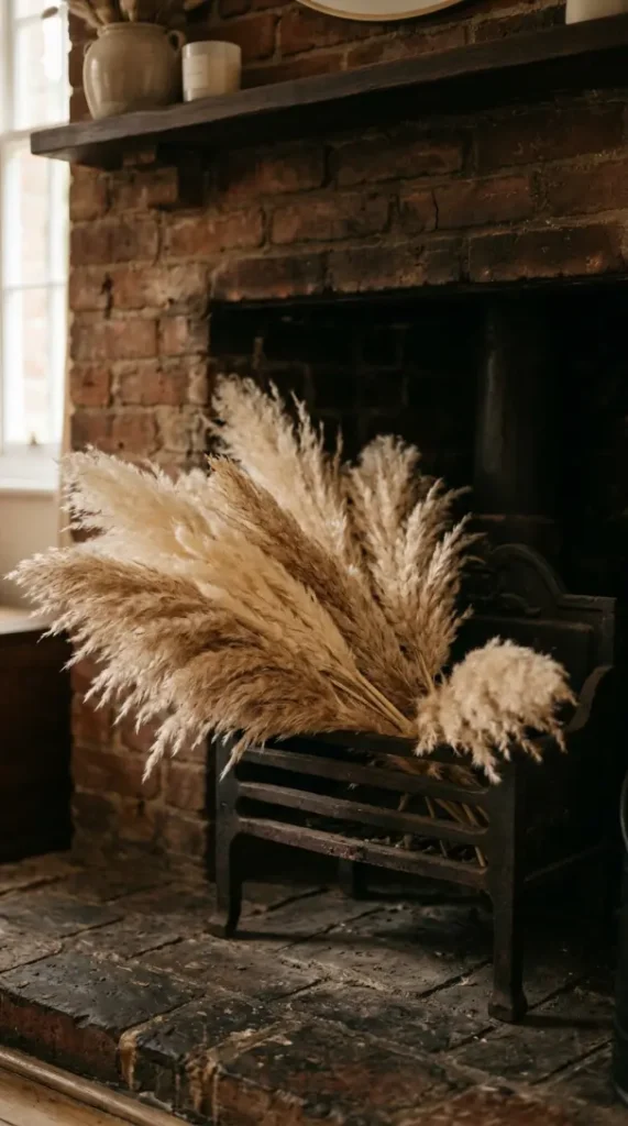 16 Moody Fall Fireplace Ideas for a Cozy Sanctuary 7 7. A Cluster of Dried Pampas Grass Leaning in the Fireplaces Empty Grate