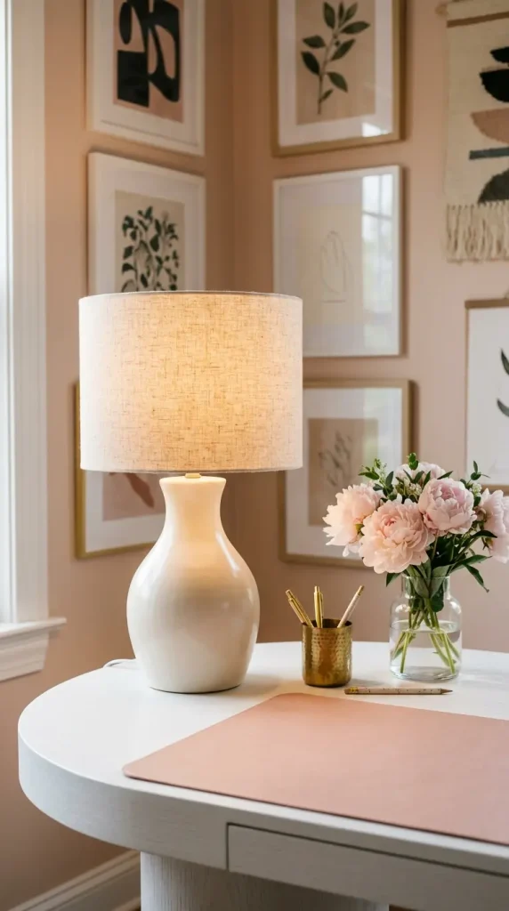 12 Home Office Ideas for Women Blush Gallery Wall Curved 7 7. A Curved Ceramic Table Lamp With Linen Shade
