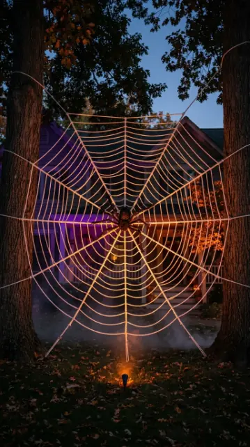 15 Outdoor Halloween Decorations Front Yard Spooky Style 7 7. A Giant Spider Web Stretched Between Trees or Posts