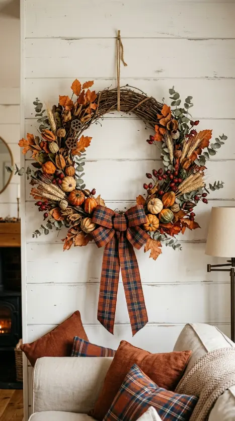 12 Rustic Fall Decorating Ideas Farmhouse Living Room 7 7. A Large Autumn Wreath on the Shiplap Wall