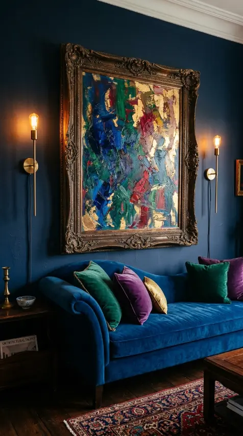 10 Chaise Lounge Velvet Jewel Tone Sapphire Blue Style 7 7. A Large Gilt-Framed Artwork in Jewel Tones