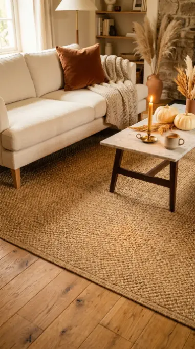 14 Fall Home Decor Ideas Warm Neutral Living Room Style 7 7. A Natural Jute Rug Layered Over Existing Flooring