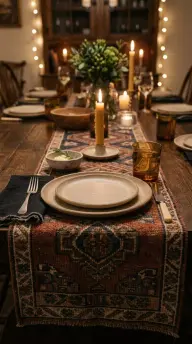 17 Boho Eclectic Centerpiece for Thanksgiving 7 7. A Patterned Kilim Runner Beneath Plain Stoneware