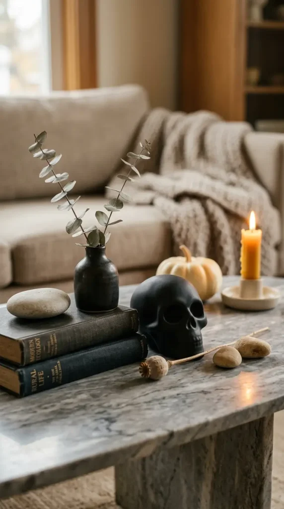 14 Chic Neutral Halloween Decor Ideas Living Room Style 7 7. A Small Matte Black Skull Among Everyday Objects