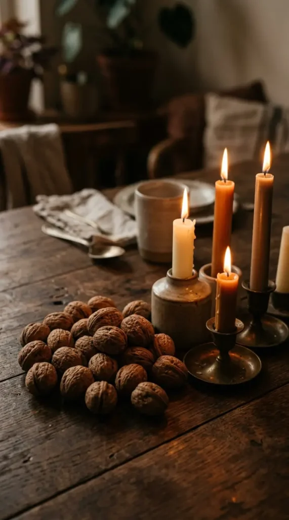 14 Moody Centerpiece Ideas for an Effortless Table 7 7. A Small Pile of Walnuts Left Unshelled Beside the Candles