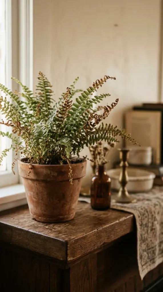 18 Collected Fall Mantel Styling Ideas That Feel Easy 7 7. A Small Potted Fern Left Slightly Wilted at One End
