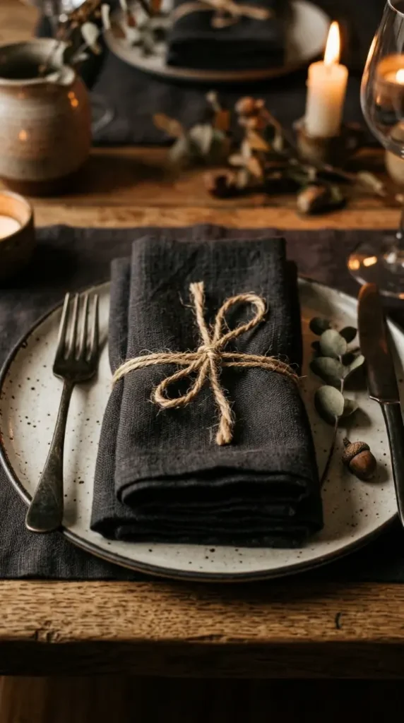 16 Small Moody Thanksgiving Table for Intimate Nights 7 7. A Small Stack of Cloth Napkins Tied With Twine at Each Setting