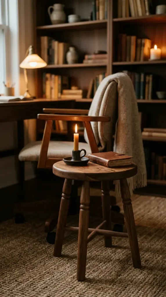18 Cozy Office Aesthetic Candlelight Bookshelf Warm Style 7 7. A Small Wooden Stool as a Side Table