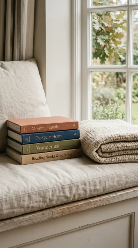 17 Cozy Reading Corners Built-In Window Seat Timeless 7 7. A Stack of Hardcovers and a Folded Wool Throw