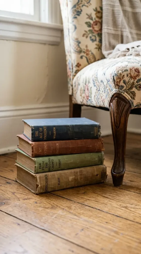 19 Reading Chair in Bedroom Vintage Floral Slipper Corner 7 7. A Stack of Vintage Hardback Novels on the Floor Beside