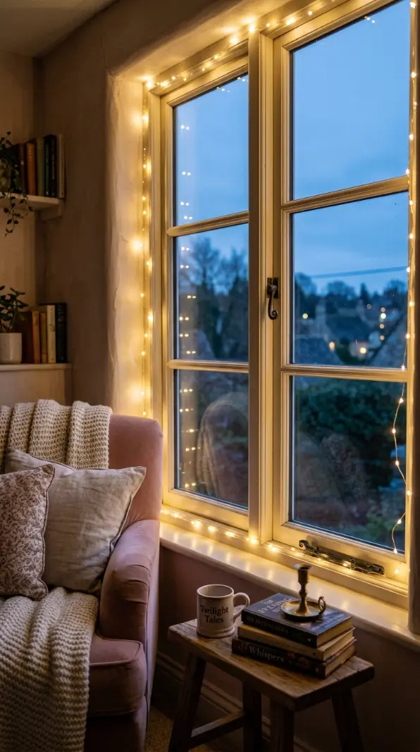 16 Cozy Reading Corners Whimsical Blush Fairy Lights 7 7. A String of Fairy Lights Around a Window Frame