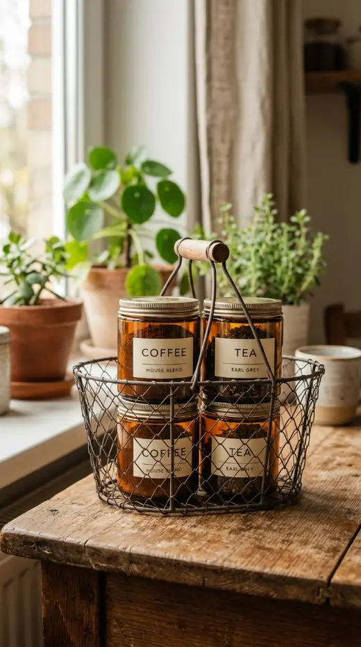 17 Small Space Eclectic Coffee Corner Ideas for Renters 7 7. Amber Glass Jars Stacked in a Wire Basket