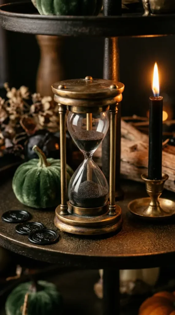 15 Halloween Tiered Tray Ideas Elegant Dark Moody Style 7 7. An Aged Brass Hourglass With Dark Sand