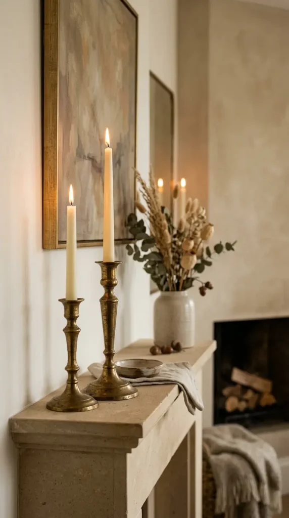 14 Fall Mantel Decor Ideas for a Quiet Luxury Neutral Look 7 7. Antique Brass Candlesticks with Unscented Ivory Tapers