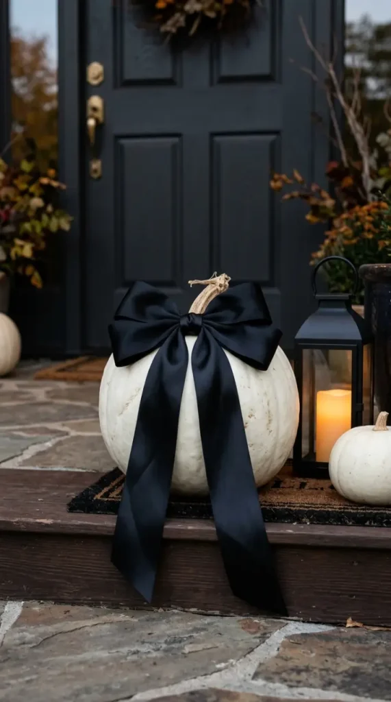 13 Easy Halloween Entryway Decor Black White Classic Style 7 7. Bold Black Ribbon Tied Around Pumpkins and Posts