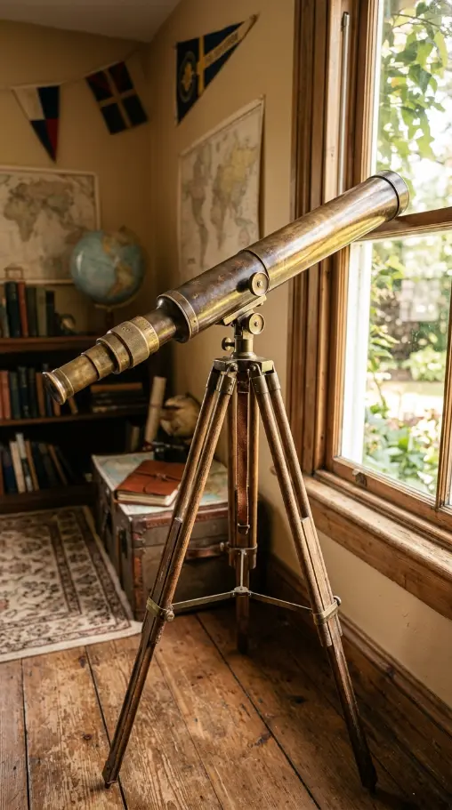 15 Boys Room Decor Explorer Adventure Vintage Map 7 7. Brass Telescope on Wood Tripod