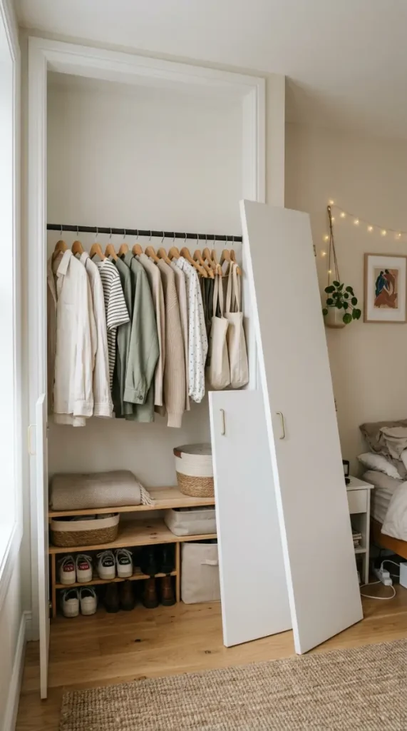 17 Small Bedroom Declutter Ideas for a Spacious Feel 7 7. Closet Doors Removed for an Open Rail