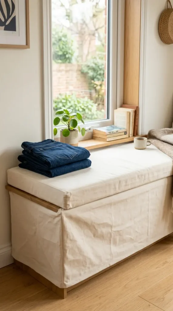 13 Late Summer Bedroom Textile Swap Declutter Refresh 7 7. Dark Denim Bench Cover Swapped for Undyed Canvas