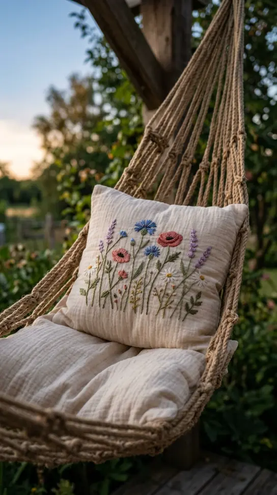 17 Summer Cottagecore Hammock Sitting Area Dusk Glow 7 7. Embroidered Muslin Throw Pillow