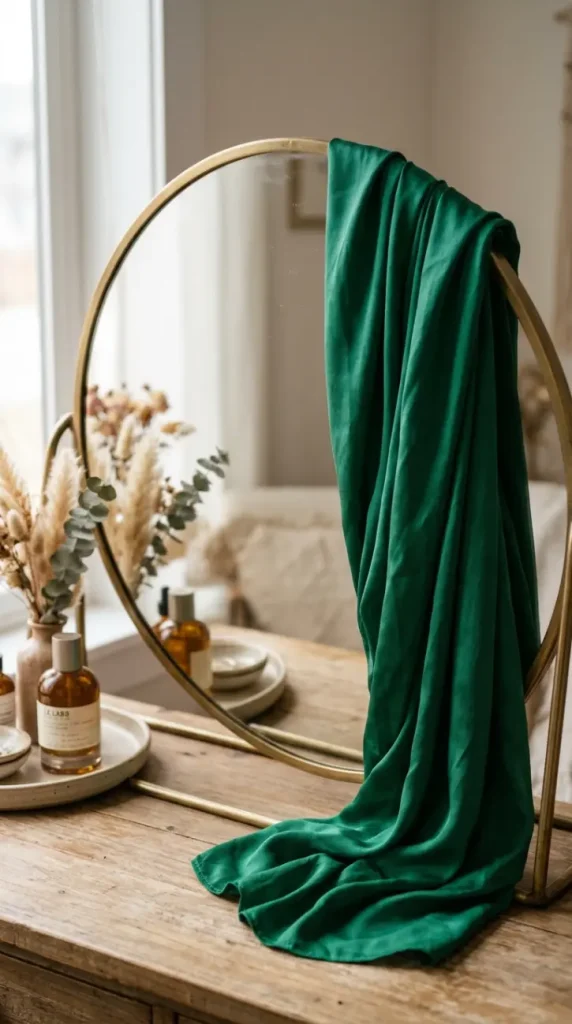 17 Jewel Tone Vanity Styling Ideas With Rich Color 7 7. Emerald Green Silk Scarf Draped Over the Mirrors Corner