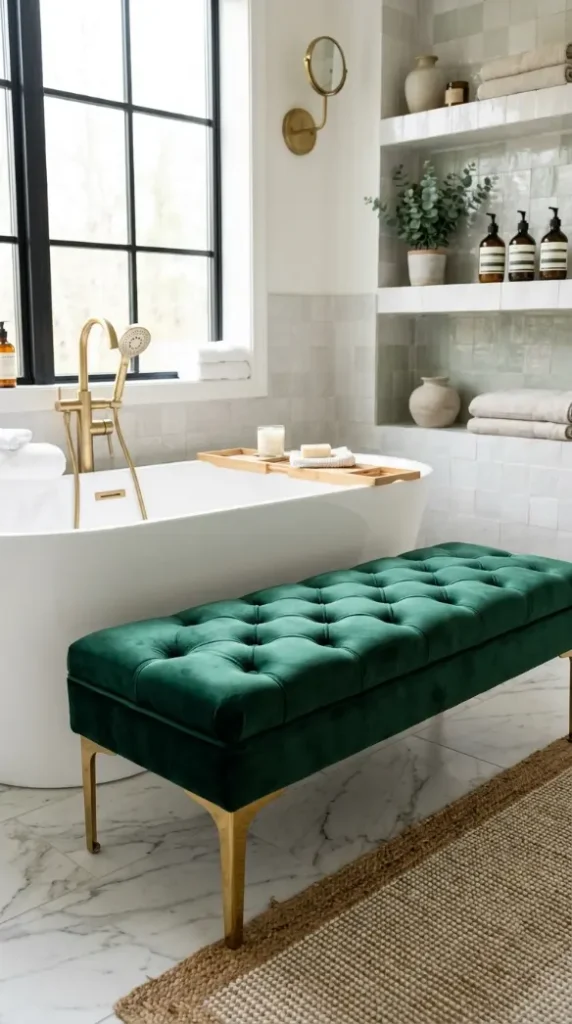 18 Jewel Tone Bathroom Ideas for a Luxurious Space 7 7. Emerald Green Velvet Bench at the Tubs Foot