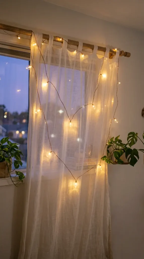 14 Curtained Window Reading Nook Soft Dreamy Corner Ideas 7 7. Fairy Lights Tucked Along the Curtain Rod