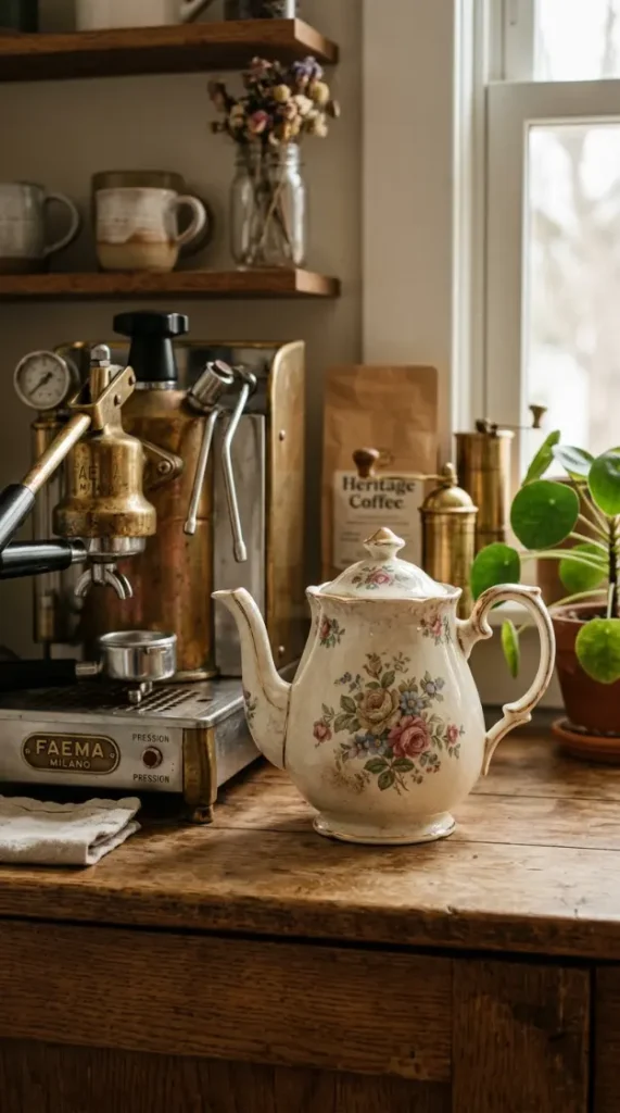 19 Eclectic Coffee Station Ideas With Vintage Charm 7 7. Floral Vintage Teapot on Display