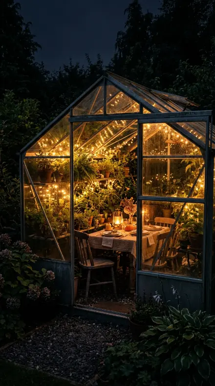 13 Romantic Thanksgiving Table for Two Date Night Idea 7 7. Garden Greenhouse Table Strung With Fairy Lights at Night
