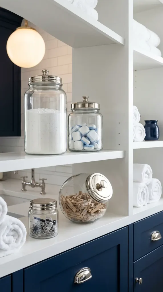 12 Luxury Laundry Room Ideas Navy White Nautical Refined 7 7. Glass Apothecary Jars for Laundry Supply Storage
