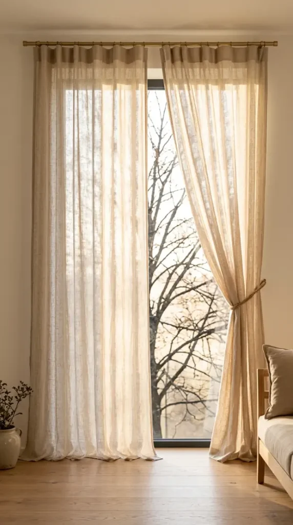15 Fall Home Decor Ideas Scandinavian Minimal Warm Style 7 7. Hang Sheer Natural Linen Curtains at Maximum Height