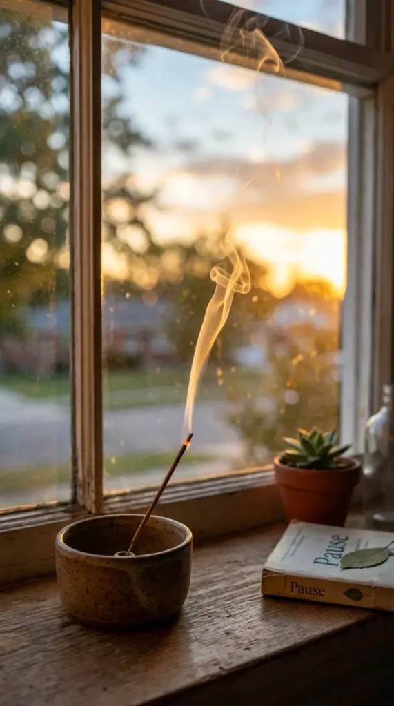 13 Golden Hour Bedroom Aesthetic Evening Ritual Corner Ideas 7 7. Incense Stick Curling Smoke in the Golden Light