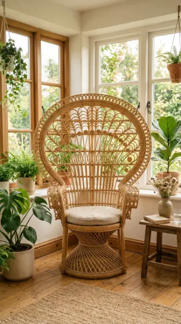 20 Summer Cottagecore Sunroom Gingham Sitting Corner 7 7. Rattan Peacock Chair in the Corner