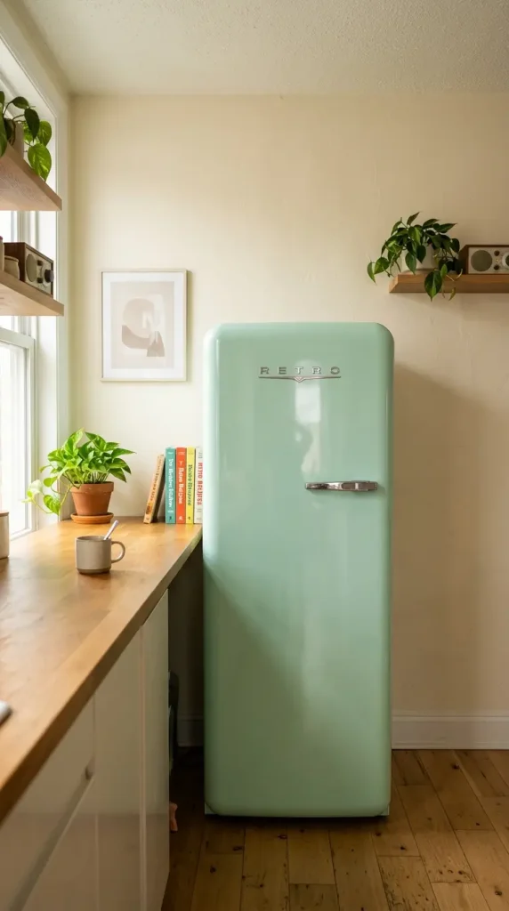 18 Dopamine Kitchen Ideas for a Bold Colorful Space 7 7. Retro Mint Green Refrigerator