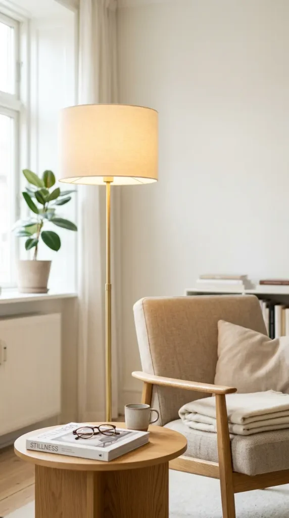 18 Small Reading Nook Cozy Corner Nordic Airy Minimal 7 7. Slim Brass Reading Lamp with Linen Shade