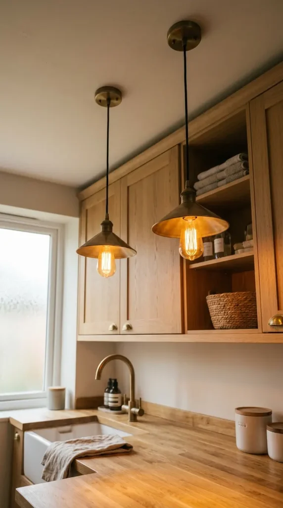 15 Elegant Laundry Room Ideas Warm White Oak Scandinavian Style 7 7. Slim Pendant Lights in Aged Brass Above the Worktop